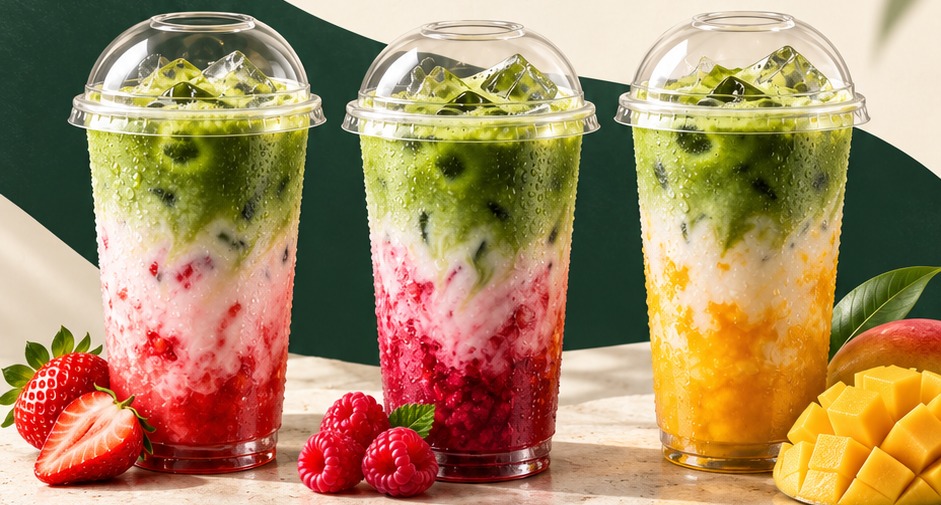 Drei Matcha-Drinks: Erdbeer, Himbeere und Mango, mit Hafer- oder Kokosmilch