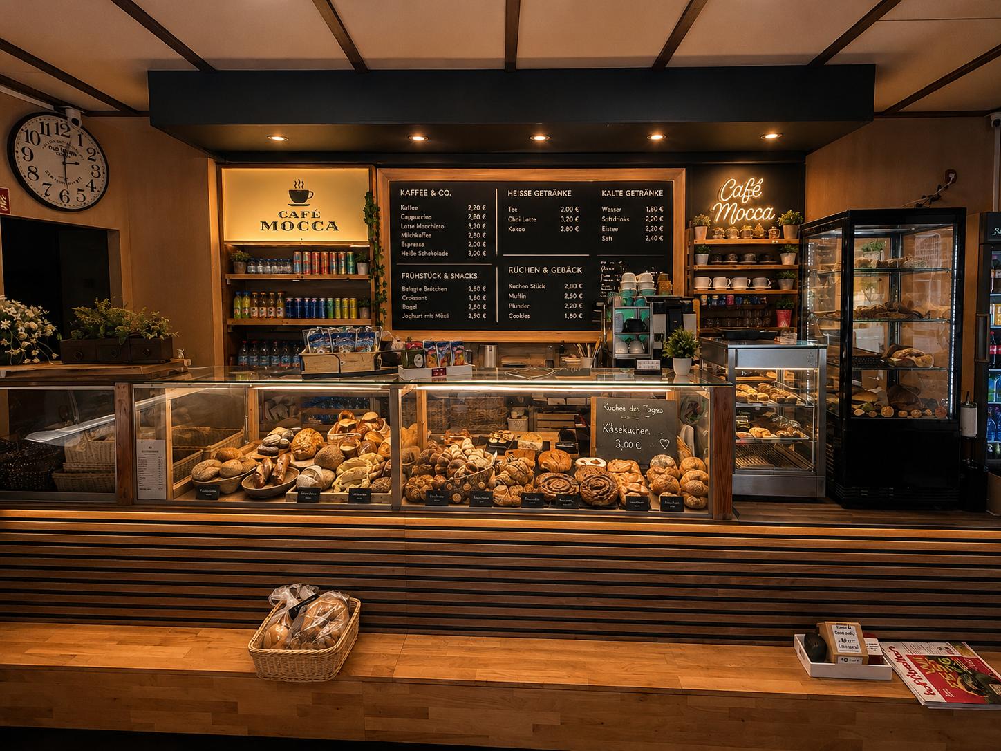 Theke im Cafe Mocca mit frischen Backwaren und Getränkekarte